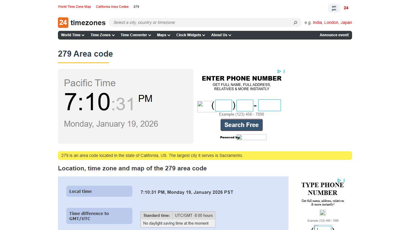 279 area code — information, time zone, map